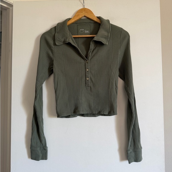 Aerie Green Ribbed Cropped Collared Polo Sweater Long Sleeve Top size Large EUC - Picture 2 of 7